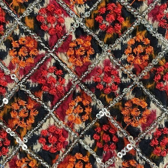 JMD Kaftan Tunic Dress Sequined Metallic Trim Southwestern Print Red Black Tan - Picture 7 of 10